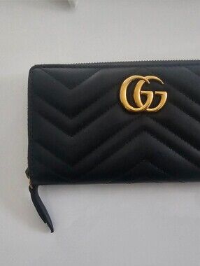 Gucci Marmont Black Quilted GG Zip Around Wallet with Gold Hardware
